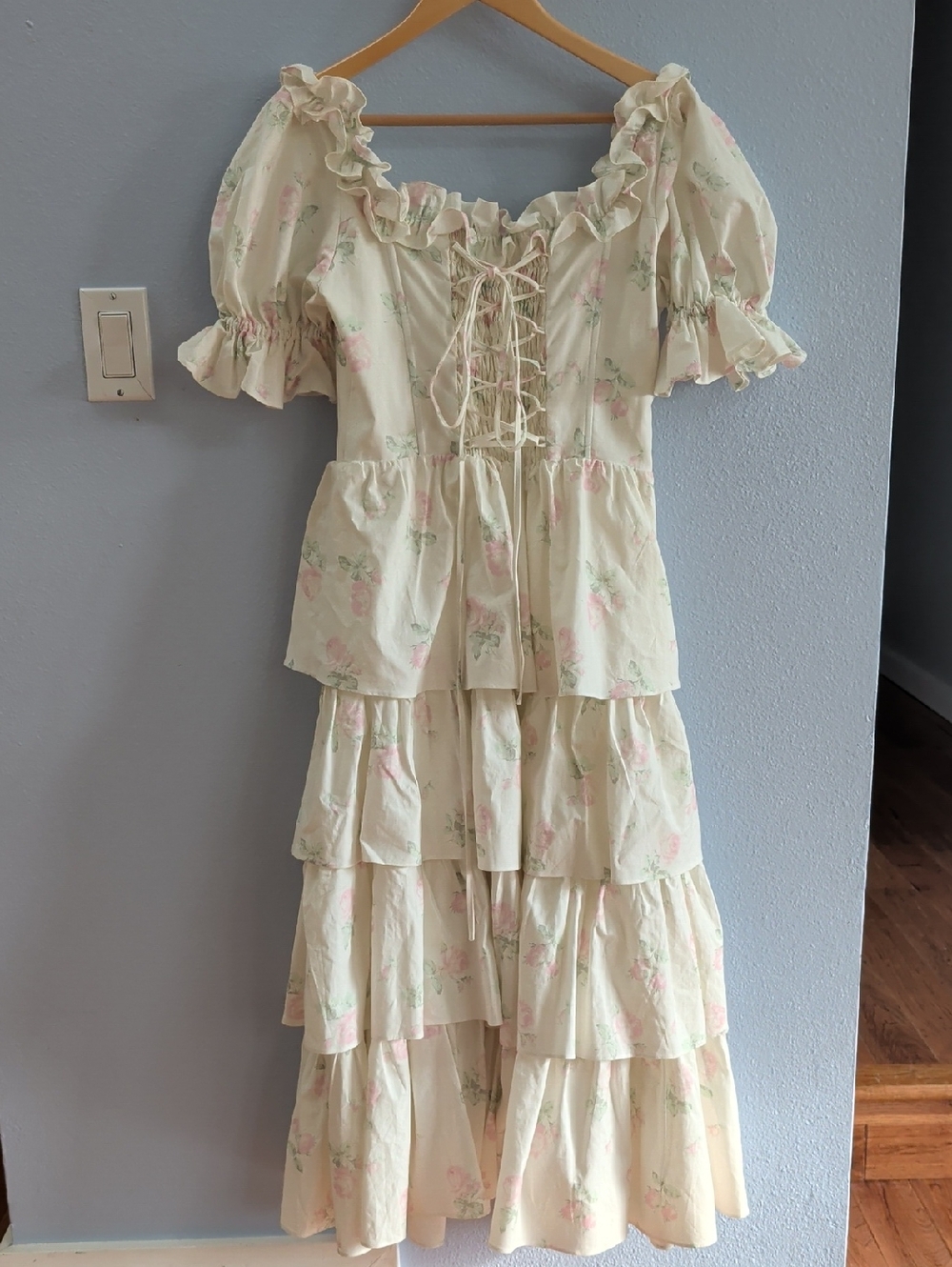 LaceMade Bloom In Coral Island Corset Cream Floral Tiered Puff-Sleeve Dress - Picture 5 of 13